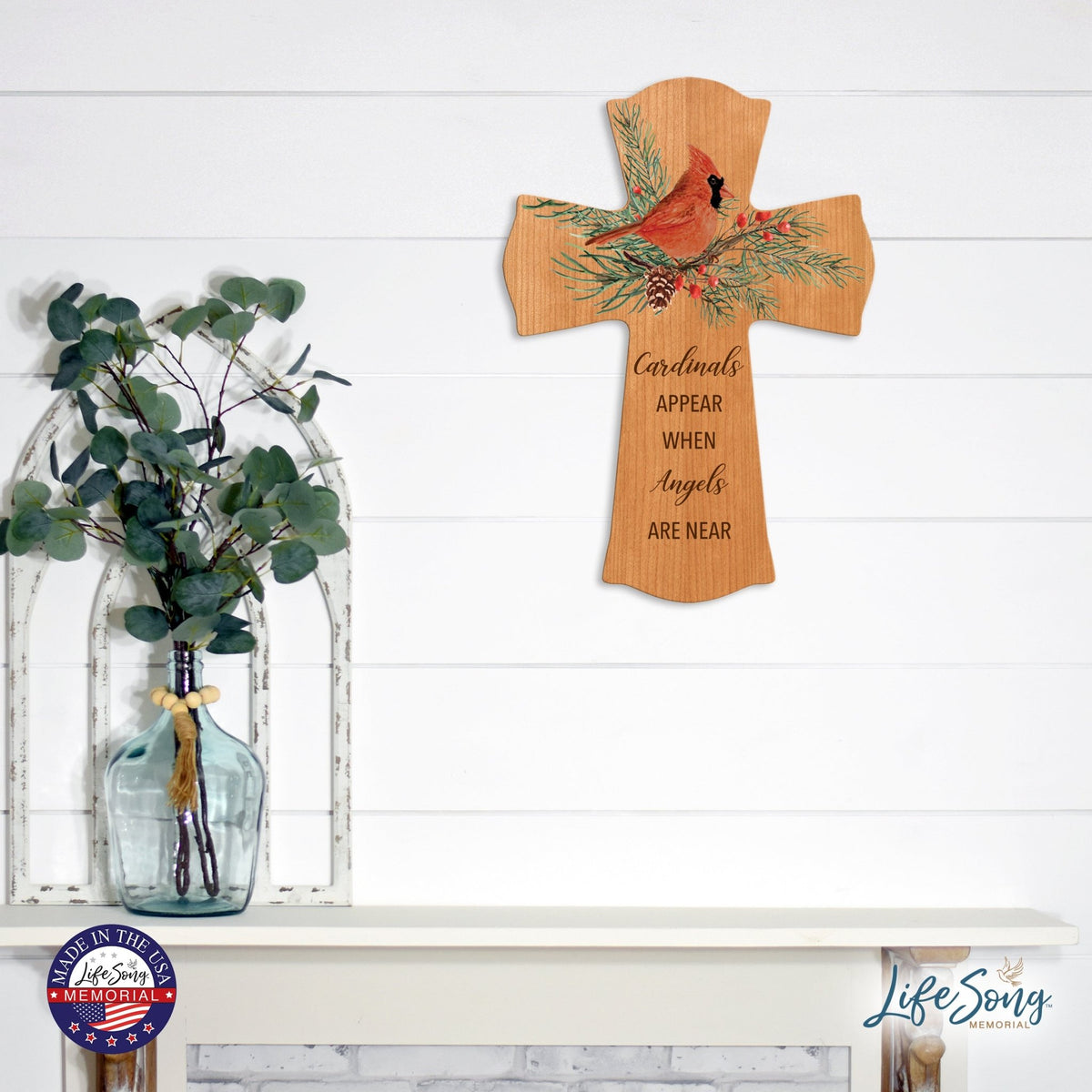Memorial Wooden Wall Cross 8x11 Cardinal Bereavement Gift for Loss on Loved One – When Angels Are Near - LifeSong Milestones