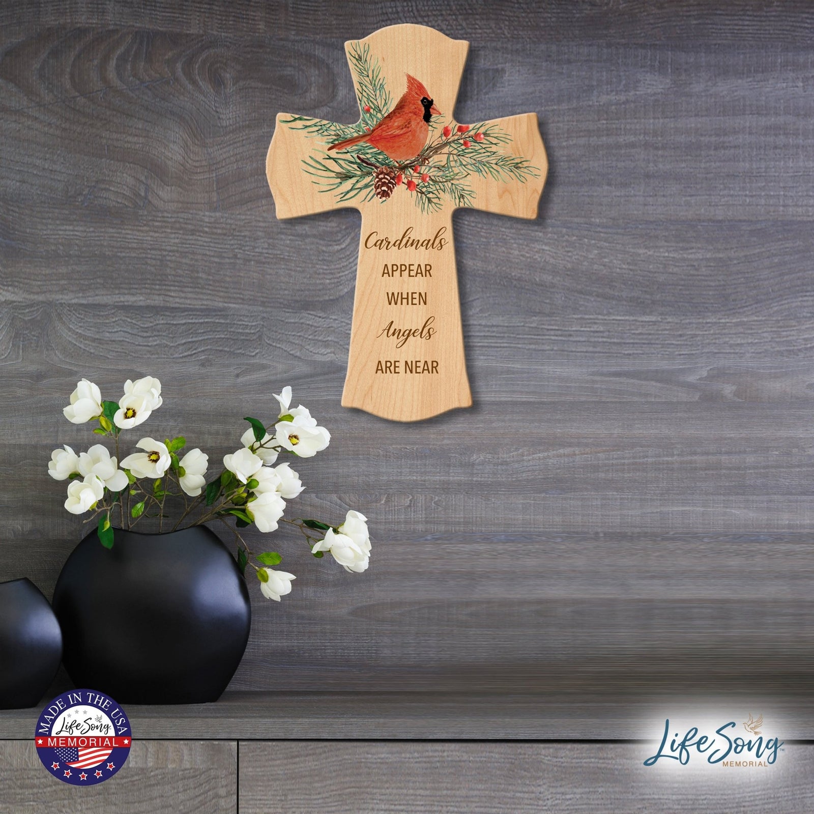 Memorial Wooden Wall Cross 8x11 Cardinal Bereavement Gift for Loss on Loved One – When Angels Are Near - LifeSong Milestones
