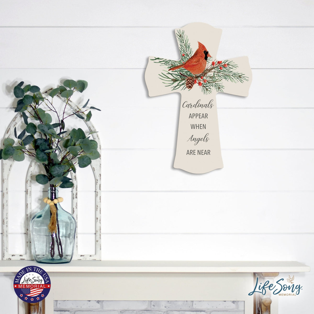 Memorial Wooden Wall Cross 8x11 Cardinal Bereavement Gift for Loss on Loved One – When Angels Are Near - LifeSong Milestones
