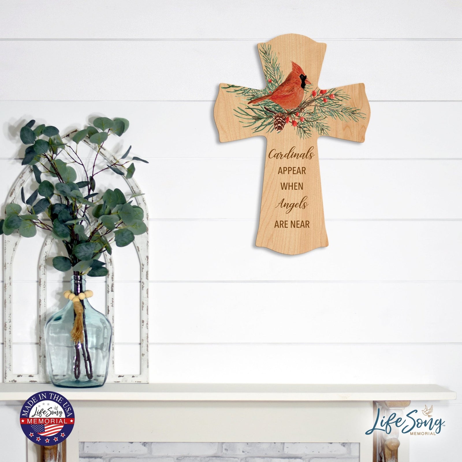 Memorial Wooden Wall Cross 8x11 Cardinal Bereavement Gift for Loss on Loved One – When Angels Are Near - LifeSong Milestones