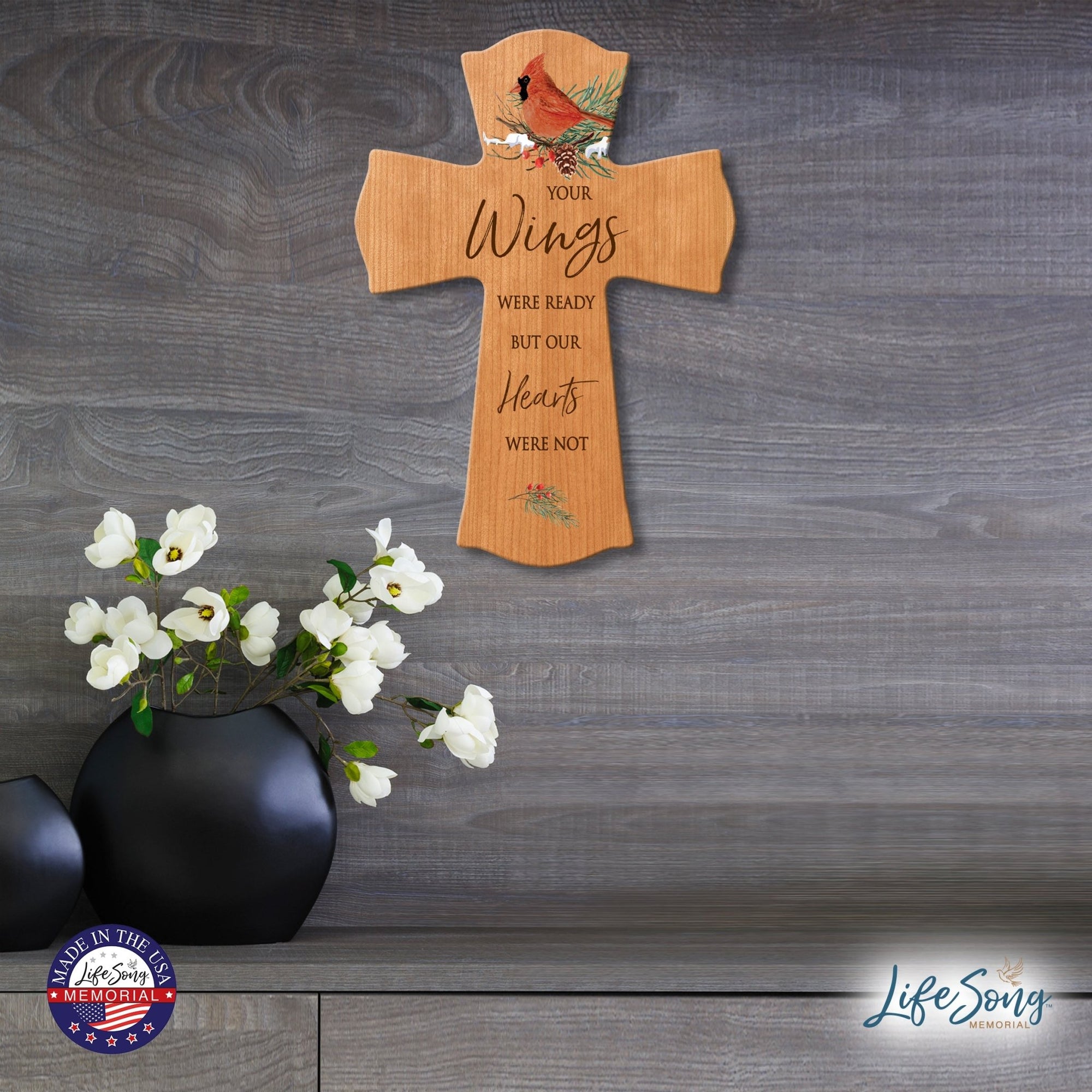 Memorial Wooden Wall Cross 8x11 Cardinal Bereavement Gift for Loss on Loved One – Your Wings Were Ready - LifeSong Milestones