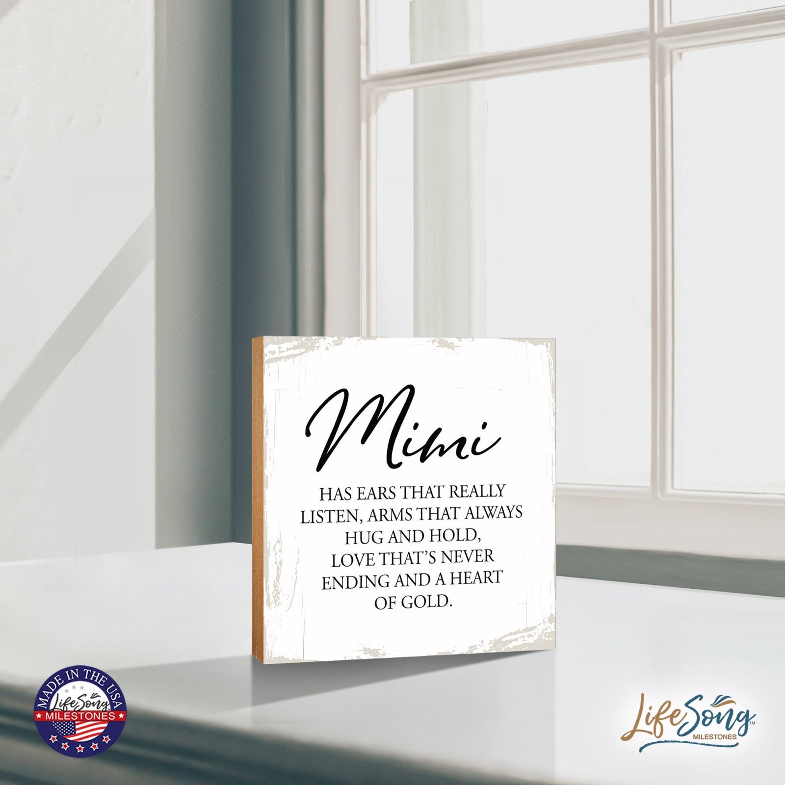 Mimi Has Ears Floral 6x6 Inches Wood Family Art Sign Tabletop and Shelving For Home Décor - LifeSong Milestones