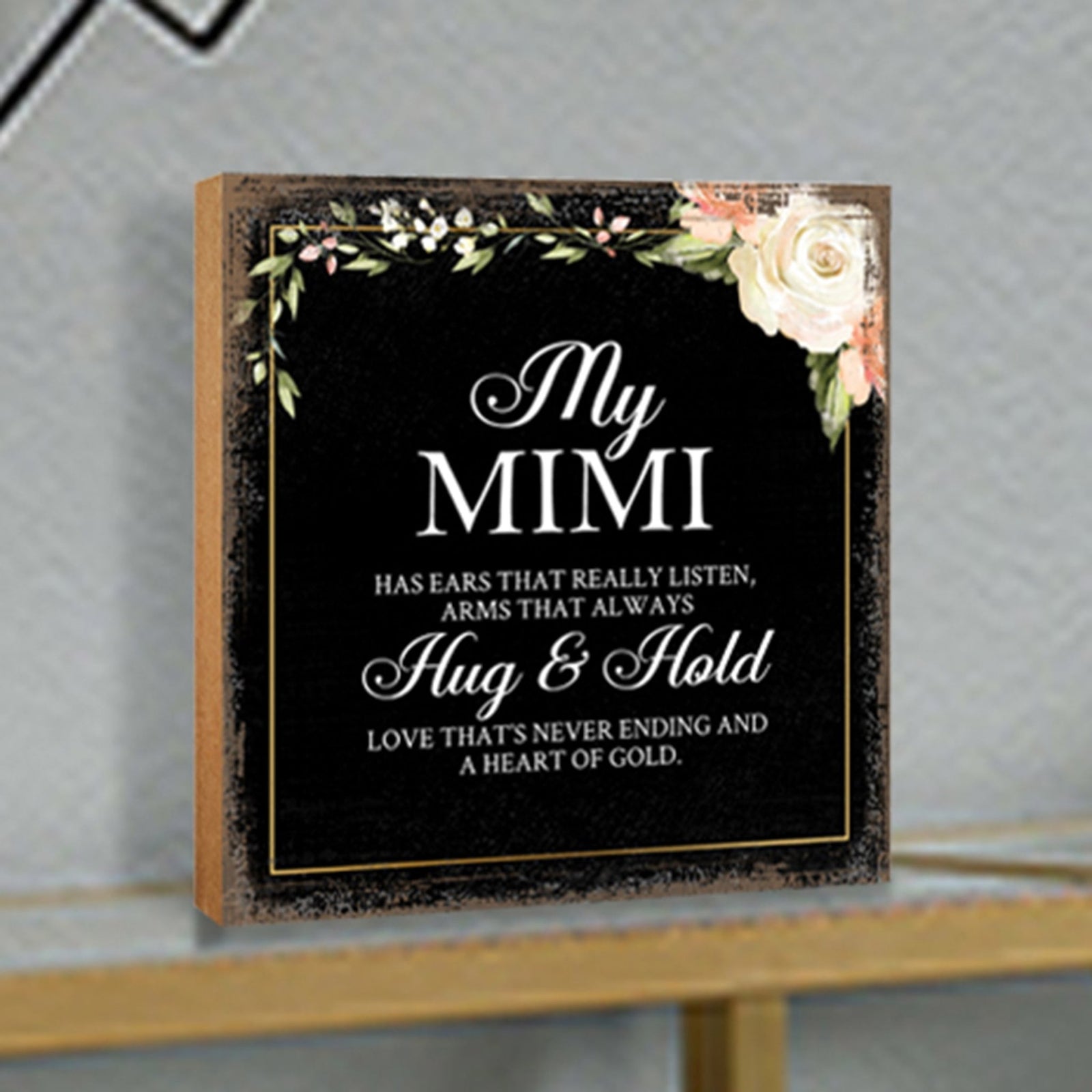 Mimi Has Ears Floral 6x6 Inches Wood Family Art Sign Tabletop and Shelving For Home Décor - LifeSong Milestones