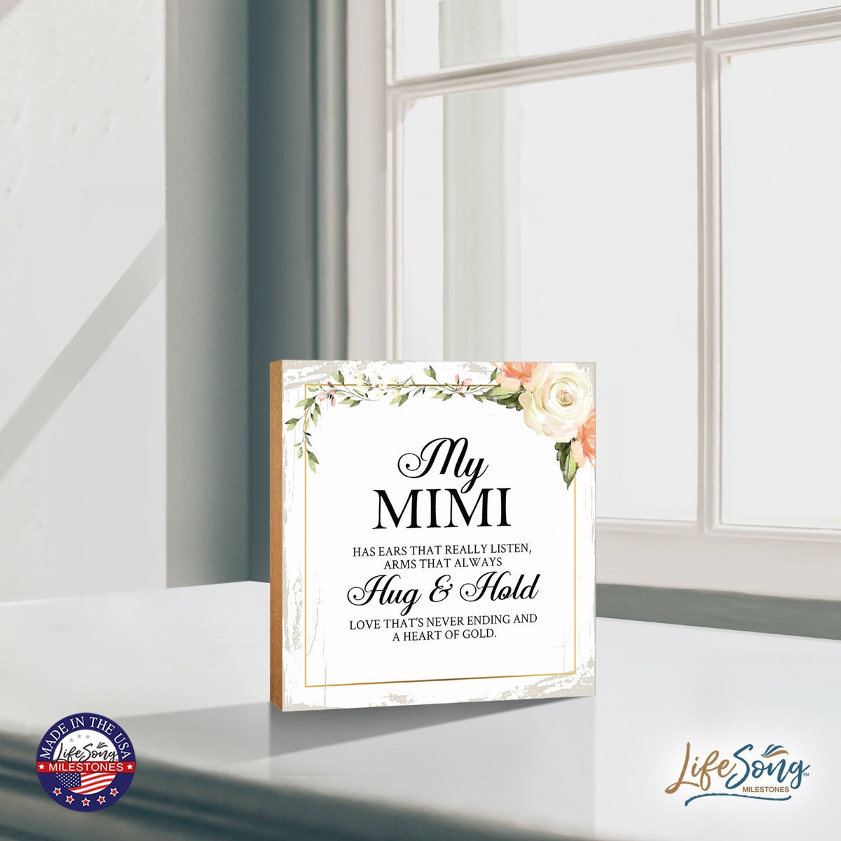 Mimi Has Ears Floral 6x6 Inches Wood Family Art Sign Tabletop and Shelving For Home Décor - LifeSong Milestones