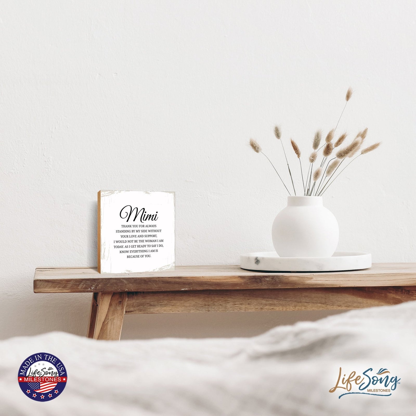 Mimi Thank You Floral 6x6 Inches Wood Family Art Sign Tabletop and Shelving For Home Décor - LifeSong Milestones