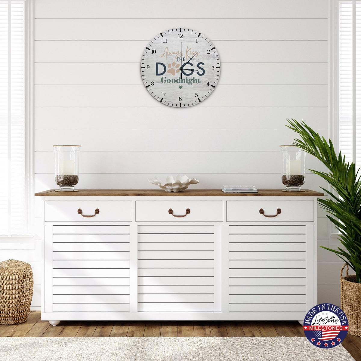 Minimalist Roman Numeral Wooden Clock For Walls Or Countertop Display For Pet Owners - Always Kiss The Dogs - LifeSong Milestones