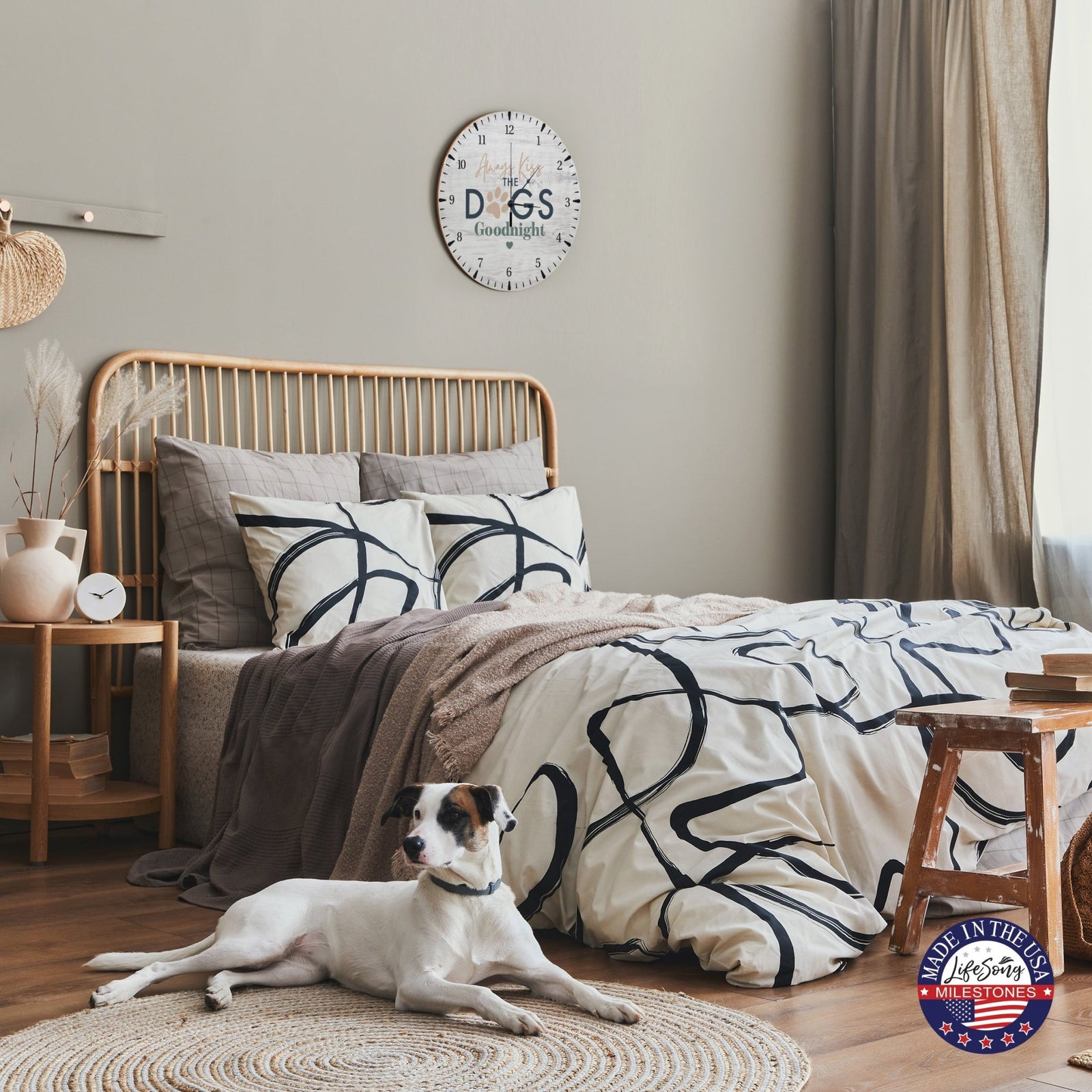 Minimalist Roman Numeral Wooden Clock For Walls Or Countertop Display For Pet Owners - Always Kiss The Dogs - LifeSong Milestones