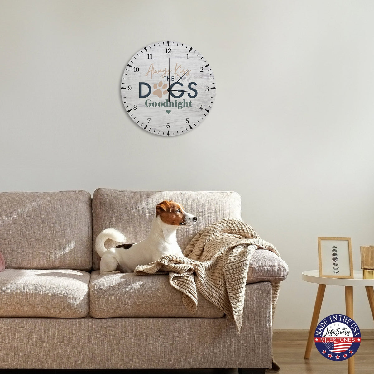 Minimalist Roman Numeral Wooden Clock For Walls Or Countertop Display For Pet Owners - Always Kiss The Dogs - LifeSong Milestones