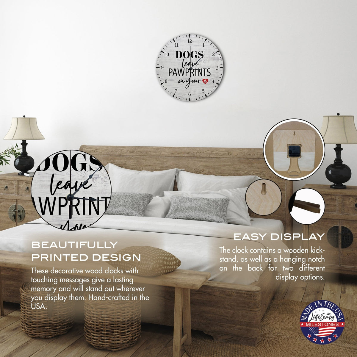 Minimalist Roman Numeral Wooden Clock For Walls Or Countertop Display For Pet Owners - Dog Leaves Pawprints - LifeSong Milestones