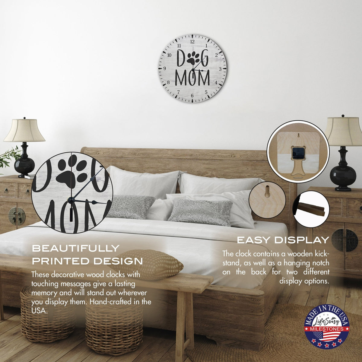 Minimalist Roman Numeral Wooden Clock For Walls Or Countertop Display For Pet Owners - Dog Mom - LifeSong Milestones