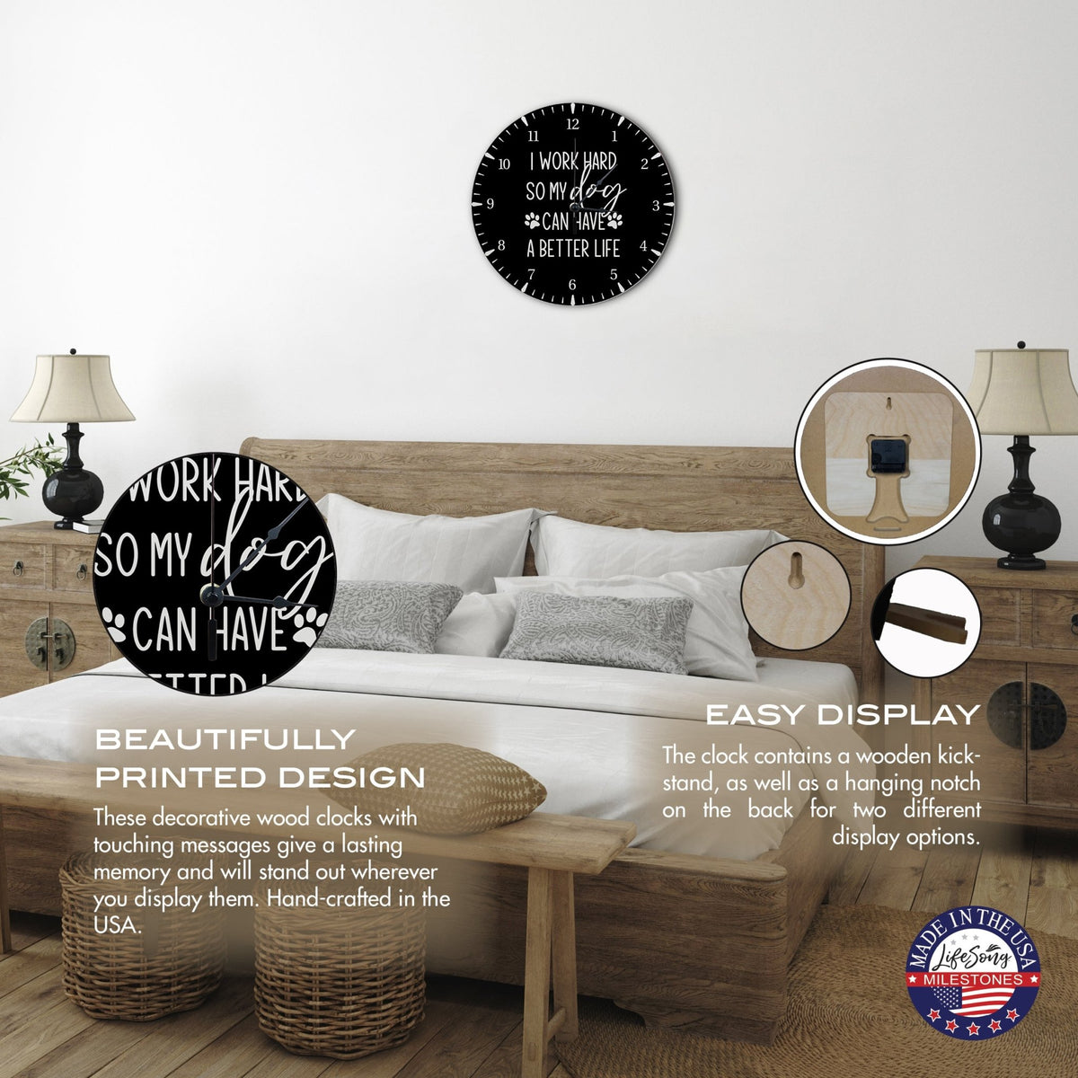 Minimalist Roman Numeral Wooden Clock For Walls Or Countertop Display For Pet Owners - I Work Hard - LifeSong Milestones