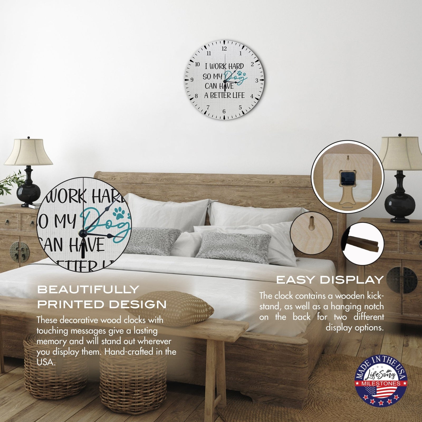 Minimalist Roman Numeral Wooden Clock For Walls Or Countertop Display For Pet Owners - I Work Hard - LifeSong Milestones