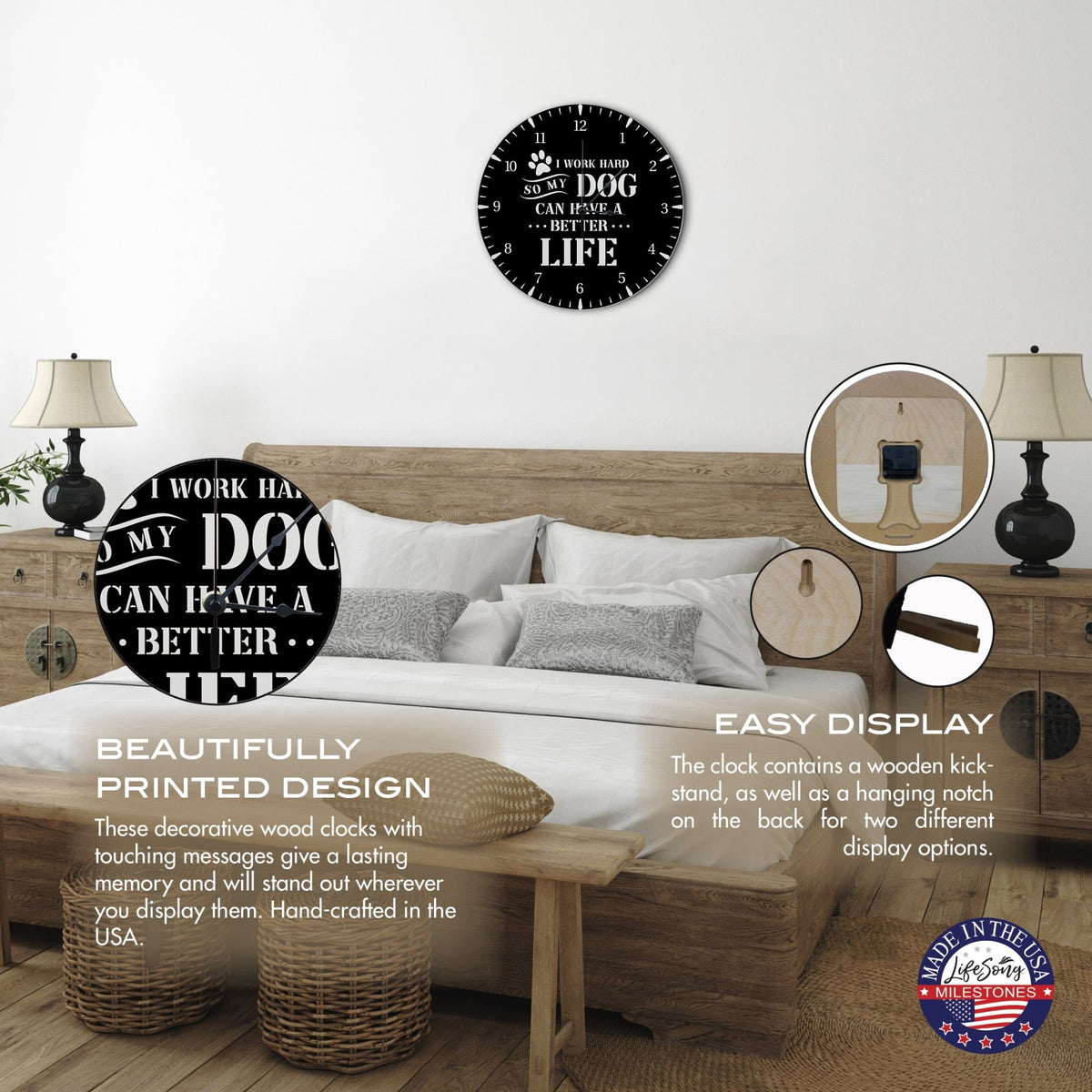 Minimalist Roman Numeral Wooden Clock For Walls Or Countertop Display For Pet Owners - I Work Hard - LifeSong Milestones