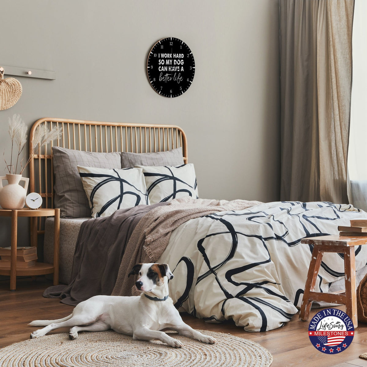 Minimalist Roman Numeral Wooden Clock For Walls Or Countertop Display For Pet Owners - I Work Hard - LifeSong Milestones