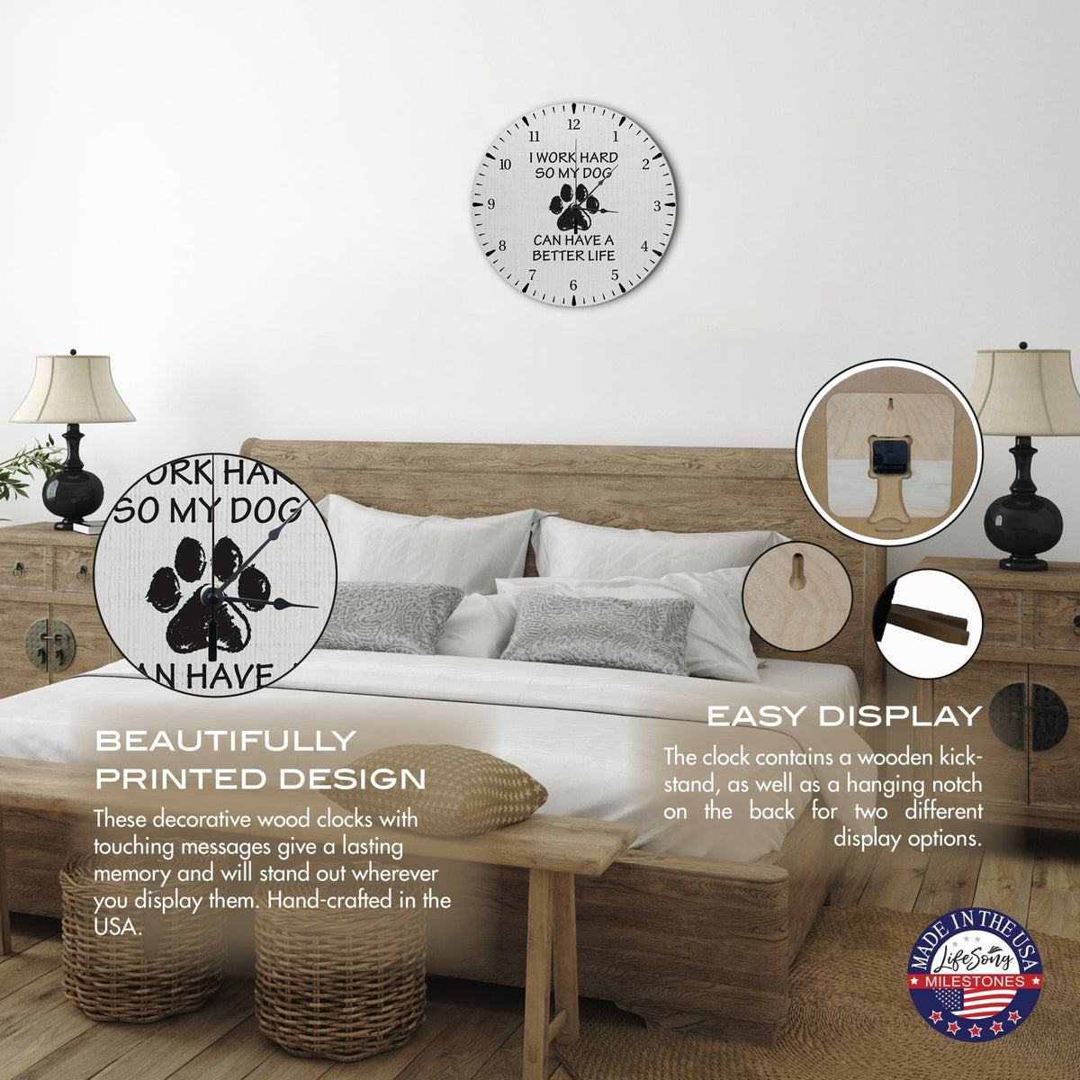 Minimalist Roman Numeral Wooden Clock For Walls Or Countertop Display For Pet Owners - I Work Hard - LifeSong Milestones