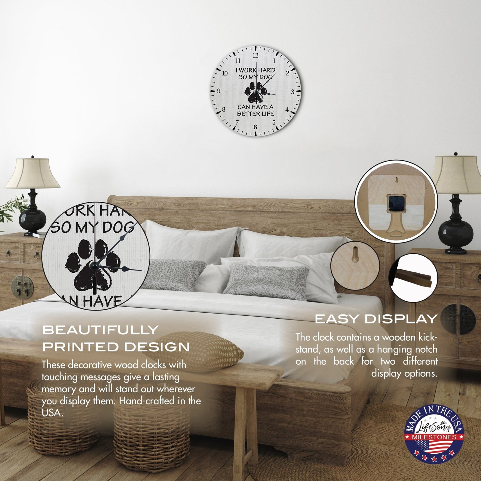 Minimalist Roman Numeral Wooden Clock For Walls Or Countertop Display For Pet Owners - I Work Hard - LifeSong Milestones