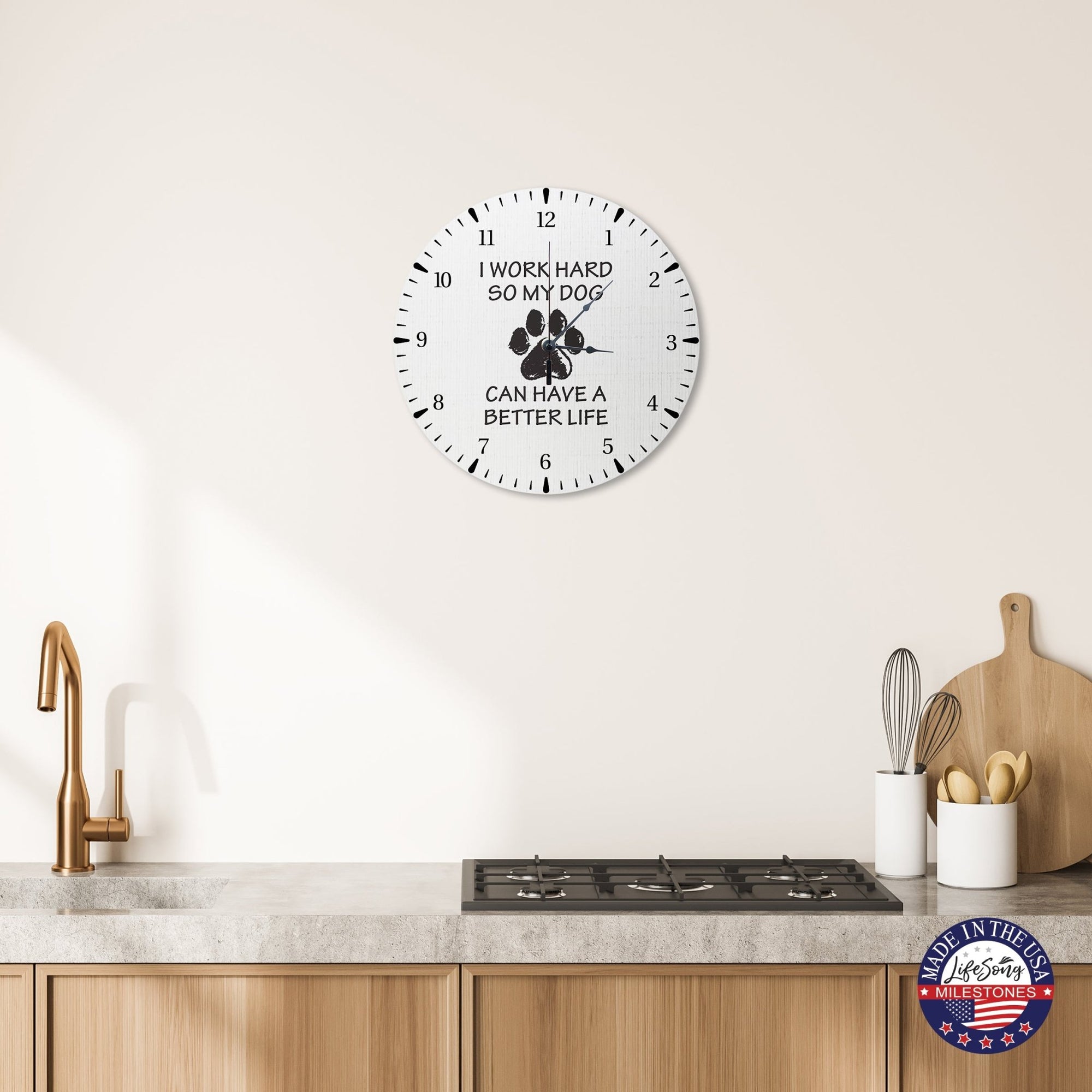 Minimalist Roman Numeral Wooden Clock For Walls Or Countertop Display For Pet Owners - I Work Hard - LifeSong Milestones