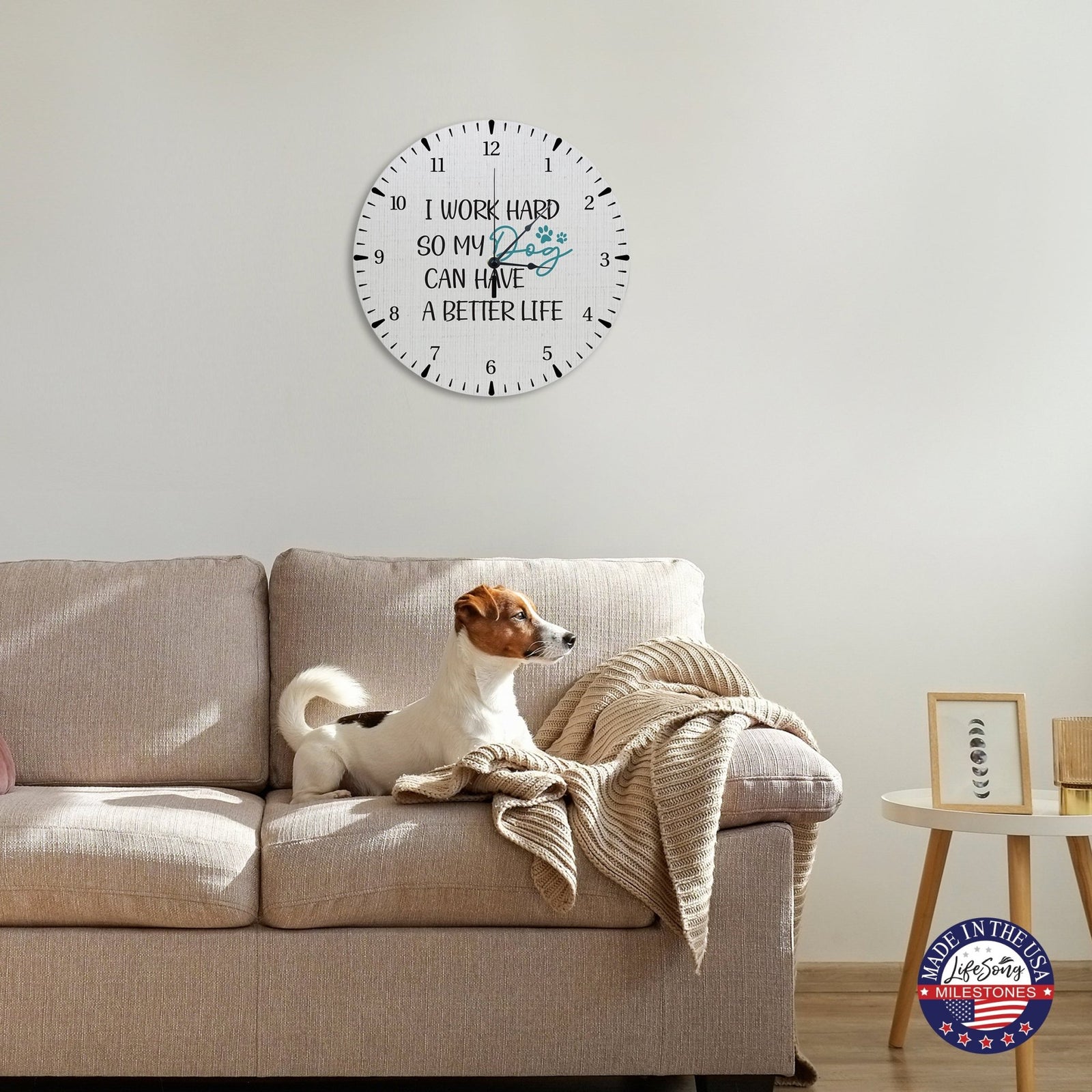 Minimalist Roman Numeral Wooden Clock For Walls Or Countertop Display For Pet Owners - I Work Hard - LifeSong Milestones