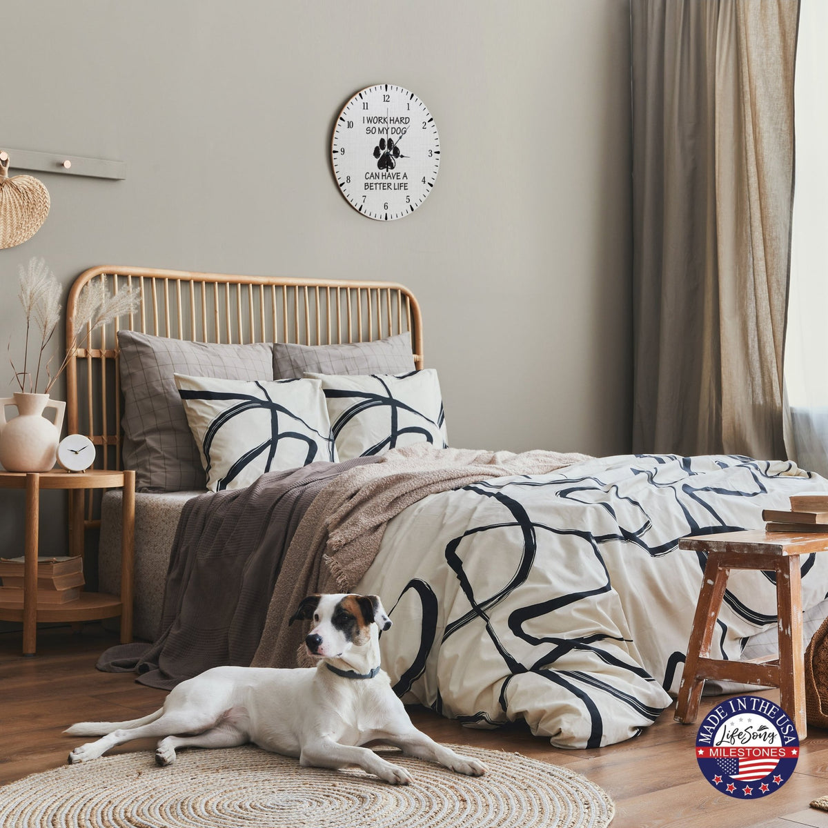 Minimalist Roman Numeral Wooden Clock For Walls Or Countertop Display For Pet Owners - I Work Hard - LifeSong Milestones