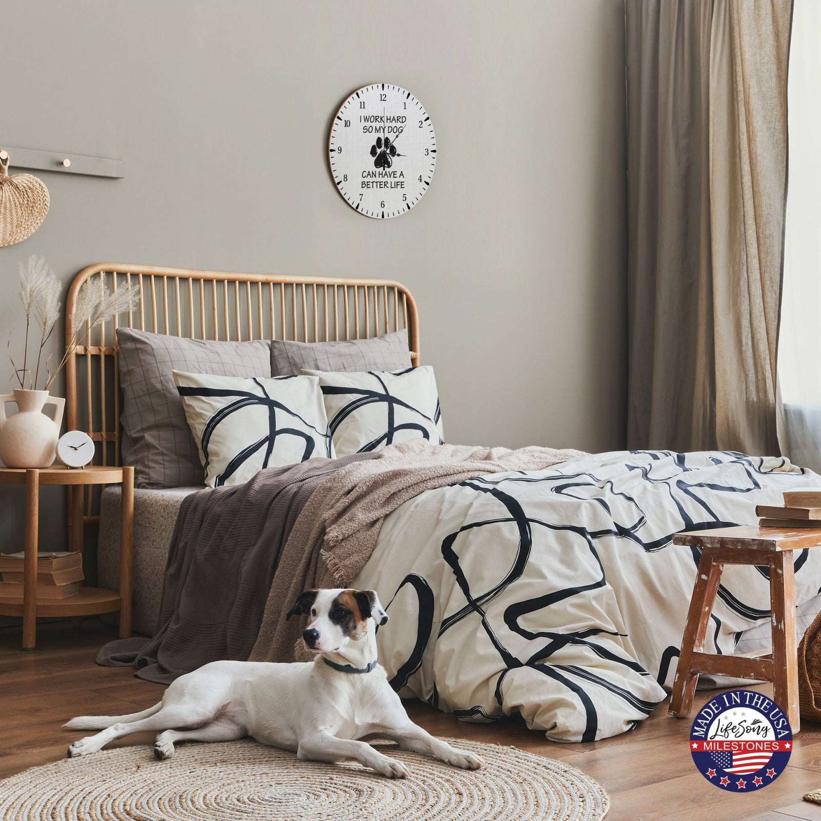 Minimalist Roman Numeral Wooden Clock For Walls Or Countertop Display For Pet Owners - I Work Hard - LifeSong Milestones