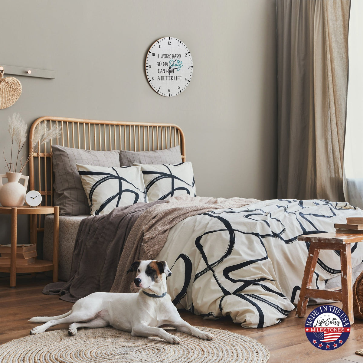 Minimalist Roman Numeral Wooden Clock For Walls Or Countertop Display For Pet Owners - I Work Hard - LifeSong Milestones