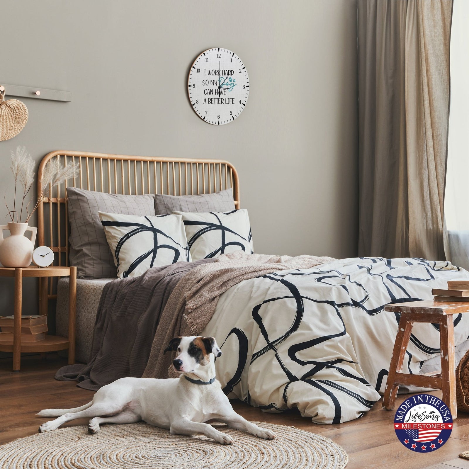 Minimalist Roman Numeral Wooden Clock For Walls Or Countertop Display For Pet Owners - I Work Hard - LifeSong Milestones