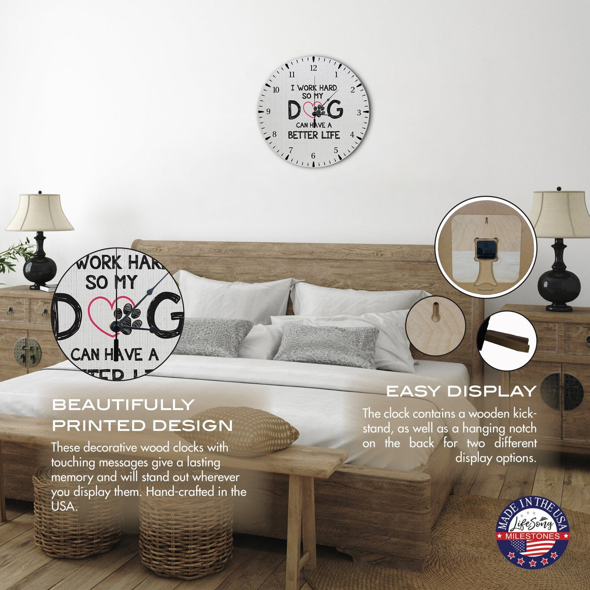 Minimalist Roman Numeral Wooden Clock For Walls Or Countertop Display For Pet Owners - I Work Hard - LifeSong Milestones