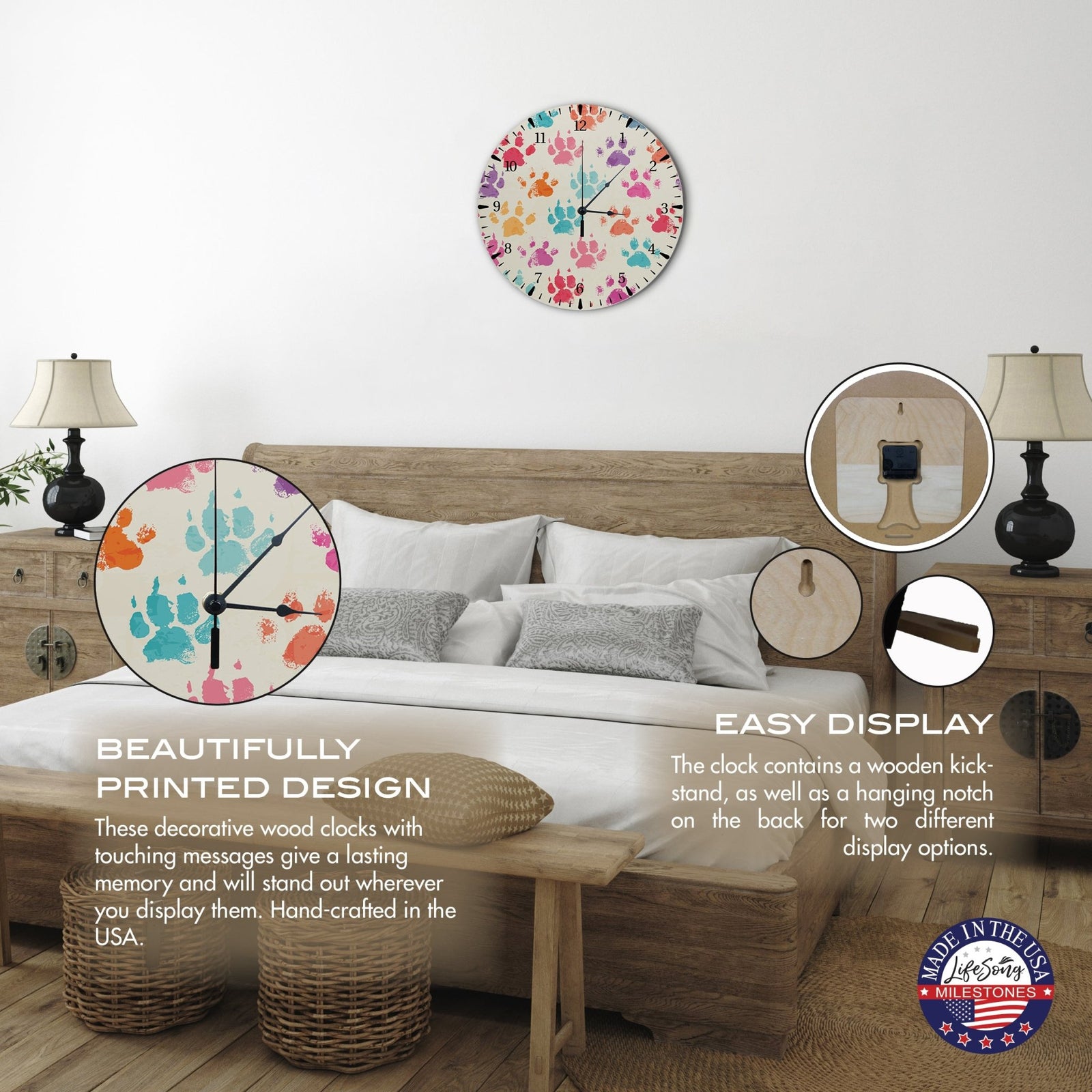 Minimalist Roman Numeral Wooden Clock For Walls Or Countertop Display For Pet Owners - Paws - LifeSong Milestones