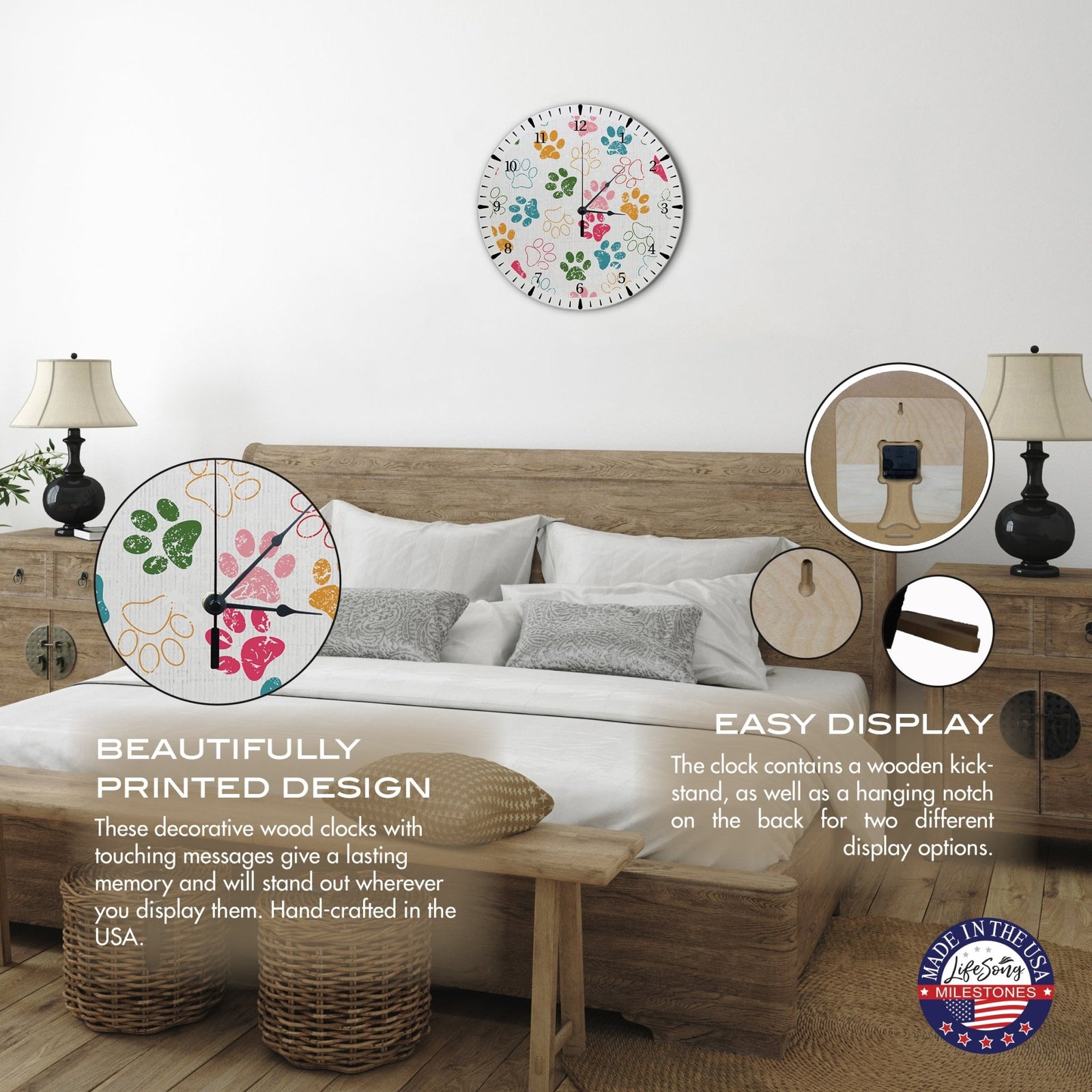 Minimalist Roman Numeral Wooden Clock For Walls Or Countertop Display For Pet Owners - Paws - LifeSong Milestones