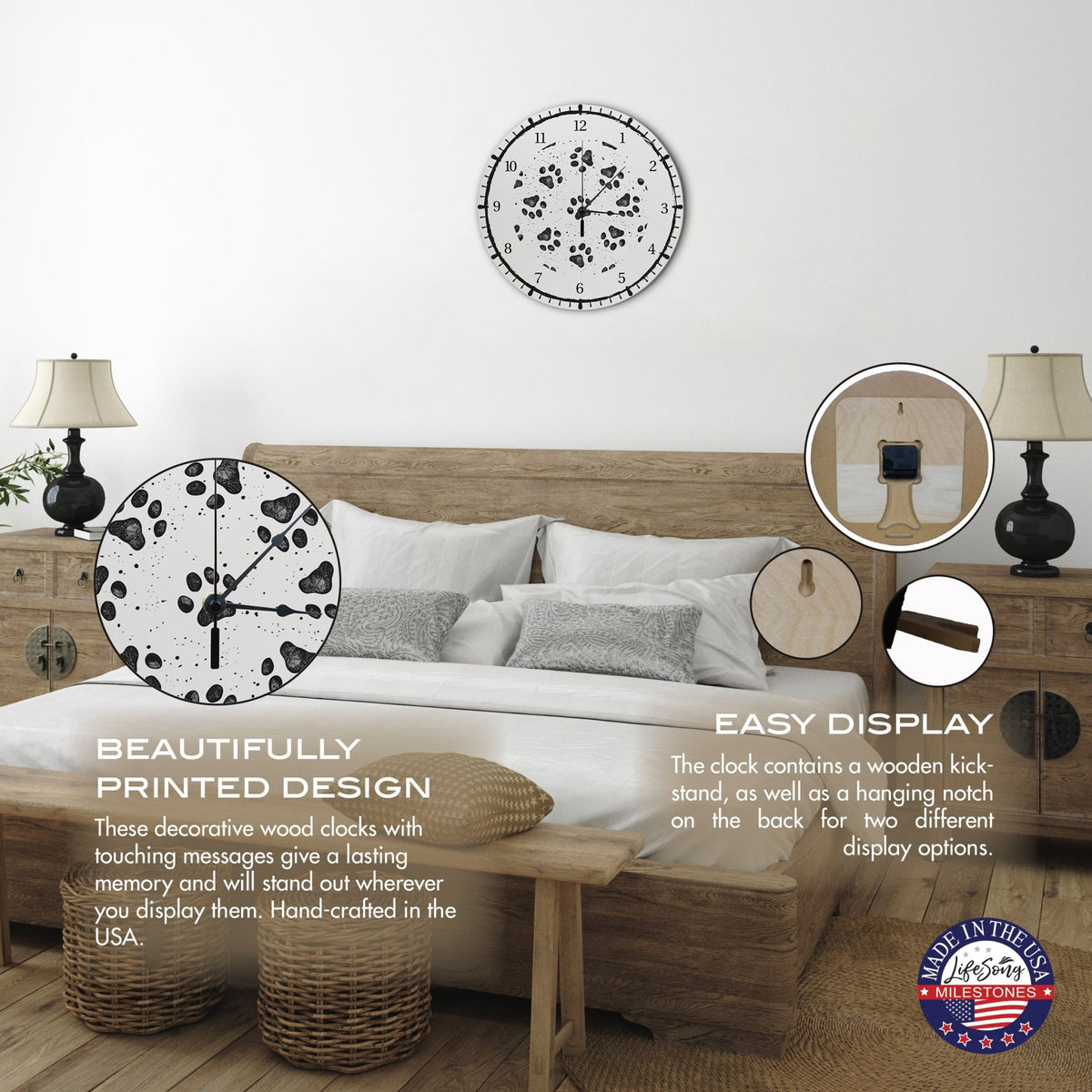 Minimalist Roman Numeral Wooden Clock For Walls Or Countertop Display For Pet Owners - Paws - LifeSong Milestones