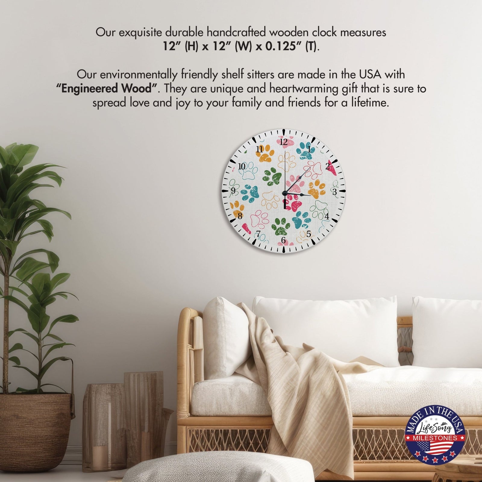 Minimalist Roman Numeral Wooden Clock For Walls Or Countertop Display For Pet Owners - Paws - LifeSong Milestones