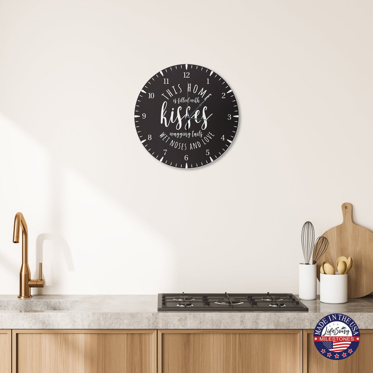 Minimalist Roman Numeral Wooden Clock For Walls Or Countertop Display For Pet Owners - This Home Is Filled With Kisses - LifeSong Milestones