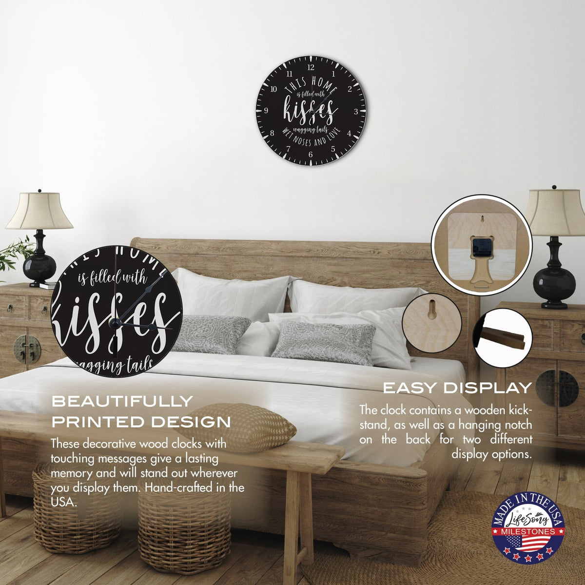 Minimalist Roman Numeral Wooden Clock For Walls Or Countertop Display For Pet Owners - This Home Is Filled With Kisses - LifeSong Milestones