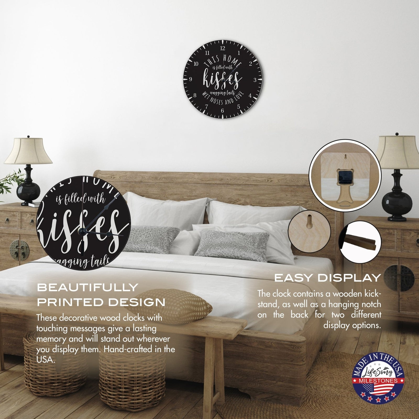 Minimalist Roman Numeral Wooden Clock For Walls Or Countertop Display For Pet Owners - This Home Is Filled With Kisses - LifeSong Milestones