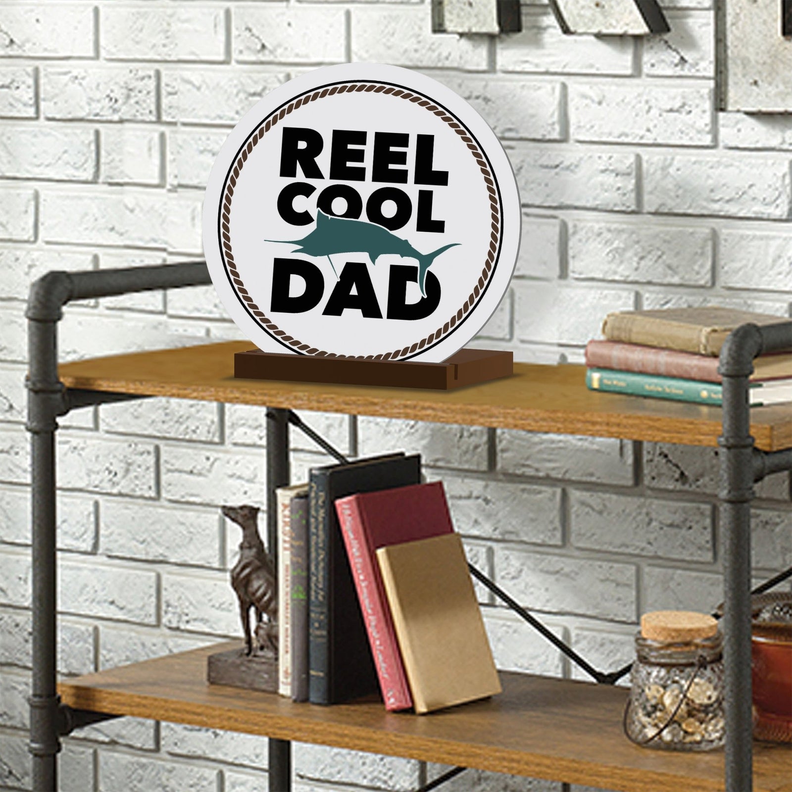 Minimalist White Round Sign With Wooden Base For A Fisherman Dad Gift Ideas - Reel Cool Dad - LifeSong Milestones