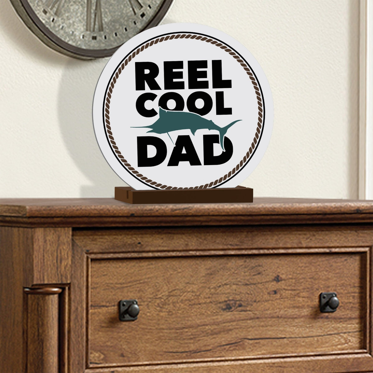 Minimalist White Round Sign With Wooden Base For A Fisherman Dad Gift Ideas - Reel Cool Dad - LifeSong Milestones
