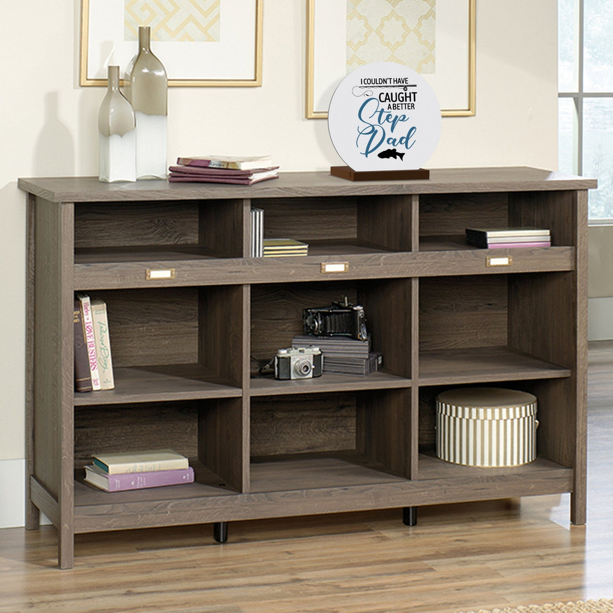 Minimalist White Round Sign With Wooden Base For A Fisherman Dad Gift Ideas - Step Dad - LifeSong Milestones