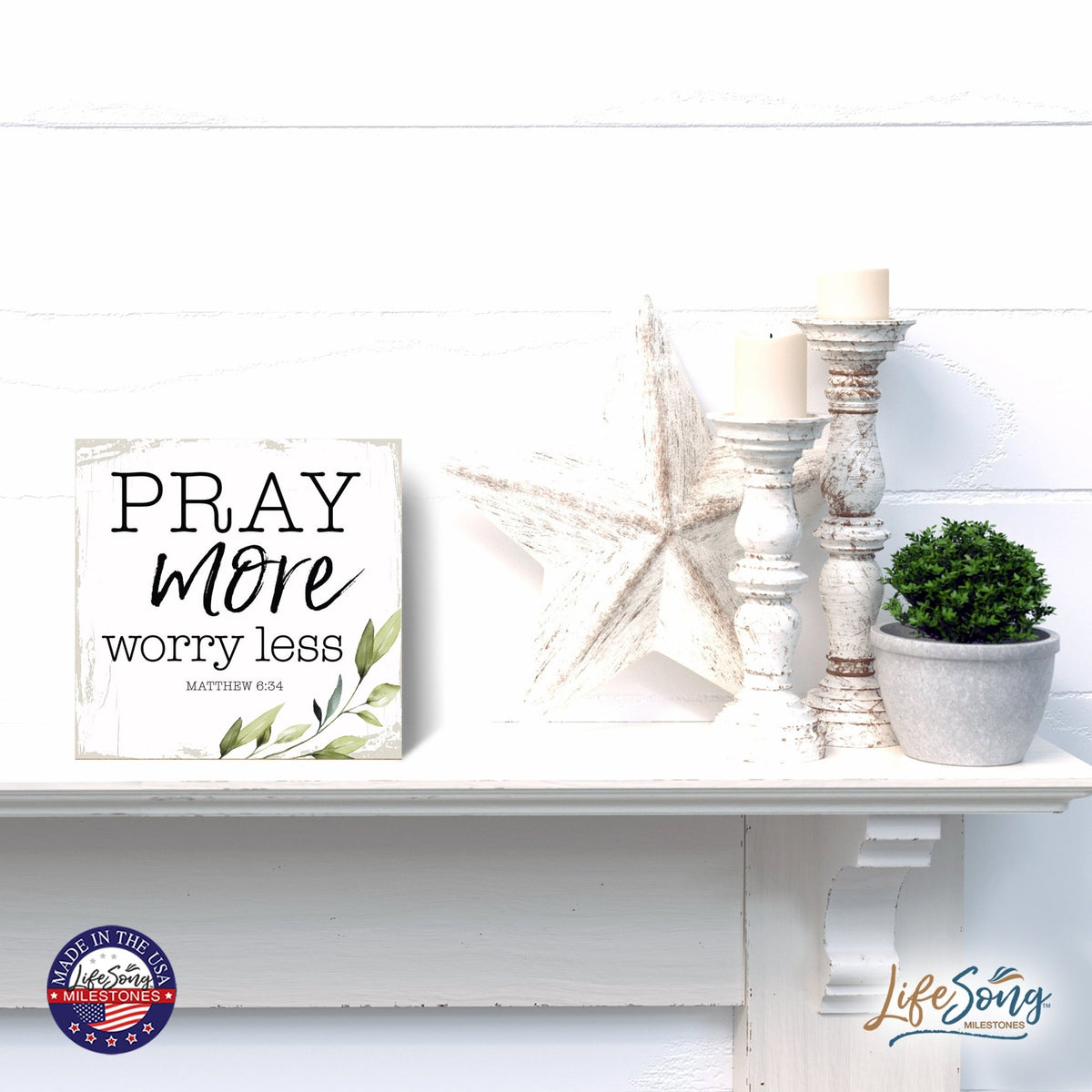 Modern 6x6in Wooden Sign (Pray More ) Inspirational Plaque and Tabletop Family Home Decoration - LifeSong Milestones