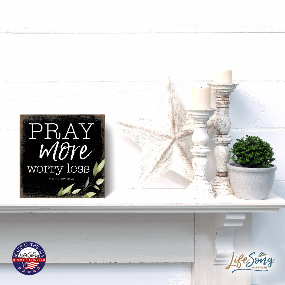 Modern 6x6in Wooden Sign (Pray More ) Inspirational Plaque and Tabletop Family Home Decoration - LifeSong Milestones