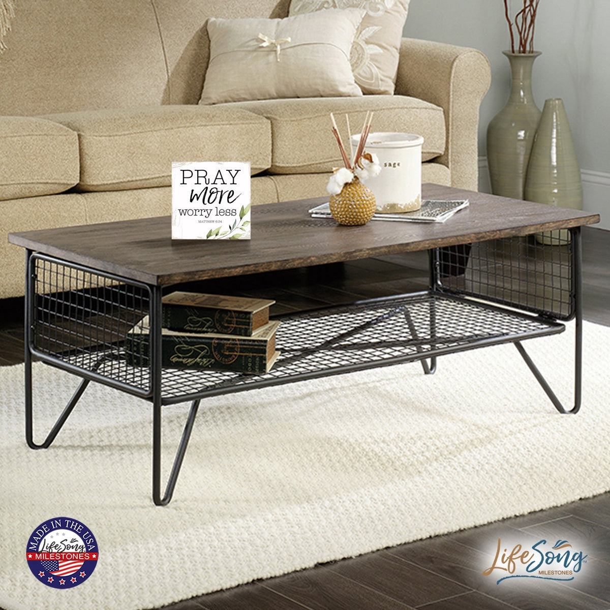 Modern 6x6in Wooden Sign (Pray More ) Inspirational Plaque and Tabletop Family Home Decoration - LifeSong Milestones