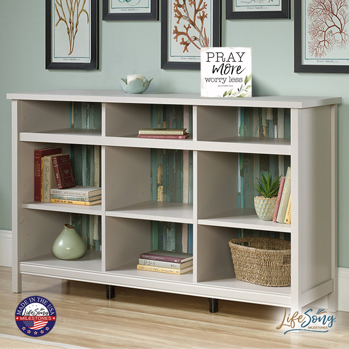 Modern 6x6in Wooden Sign (Pray More ) Inspirational Plaque and Tabletop Family Home Decoration - LifeSong Milestones