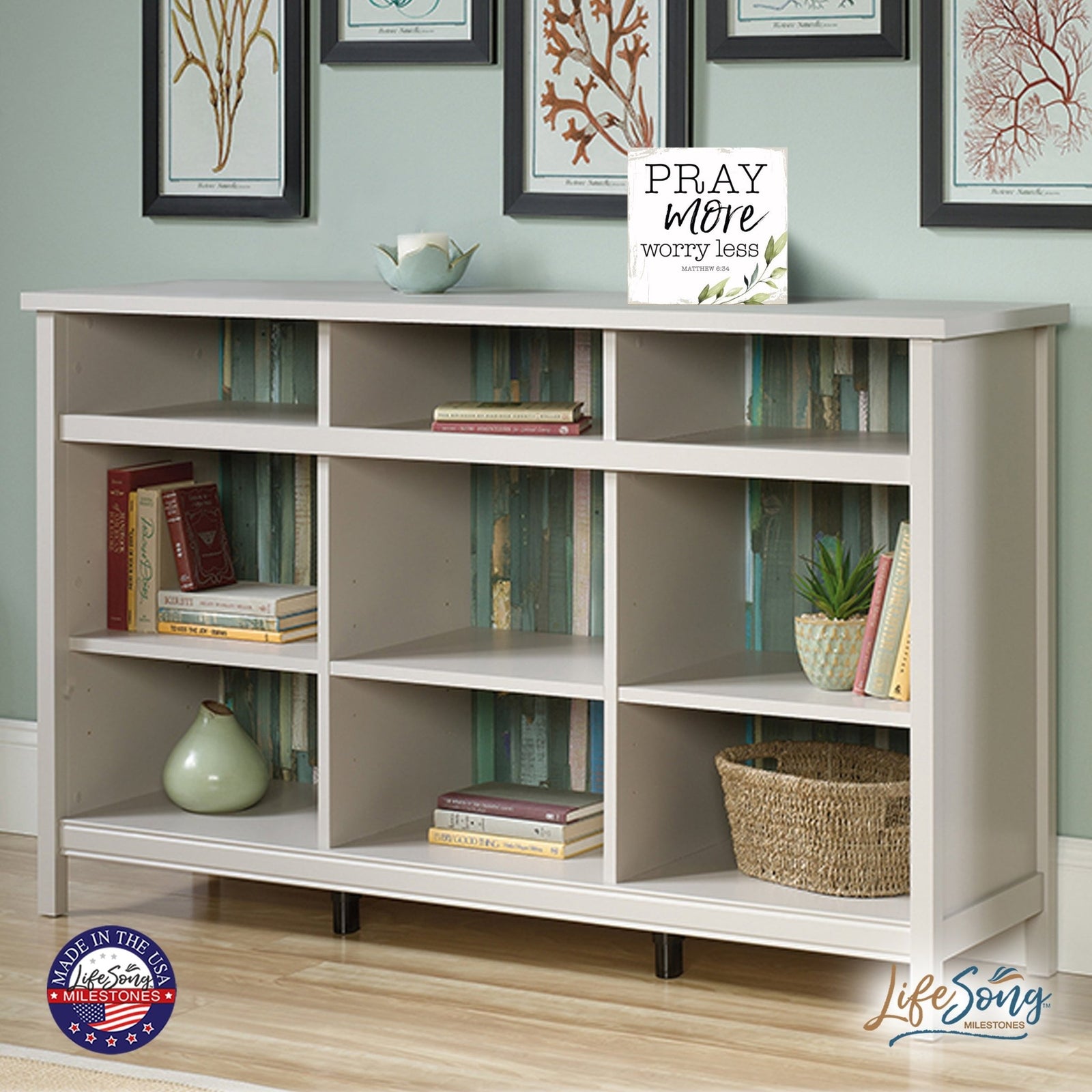 Modern 6x6in Wooden Sign (Pray More ) Inspirational Plaque and Tabletop Family Home Decoration - LifeSong Milestones