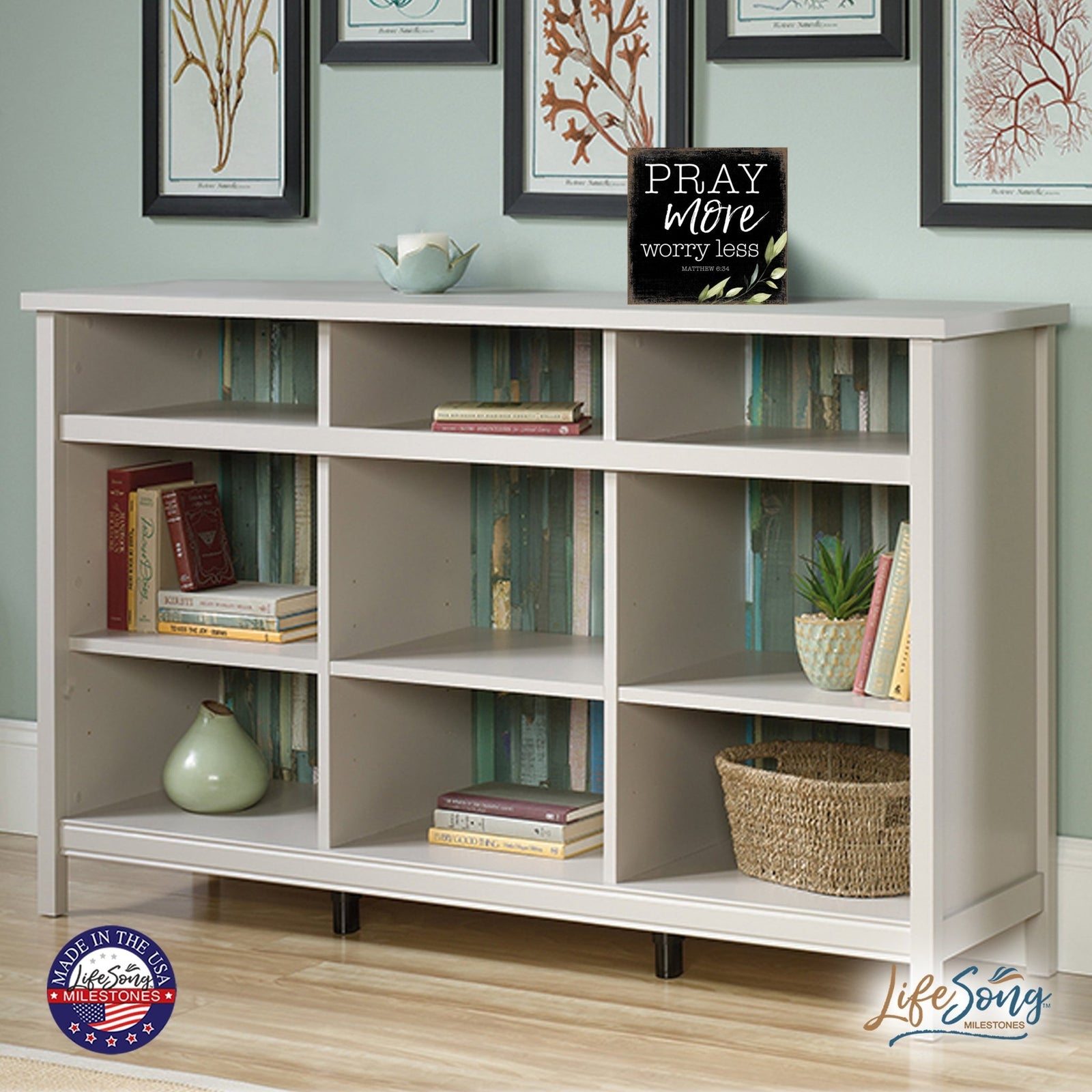 Modern 6x6in Wooden Sign (Pray More ) Inspirational Plaque and Tabletop Family Home Decoration - LifeSong Milestones