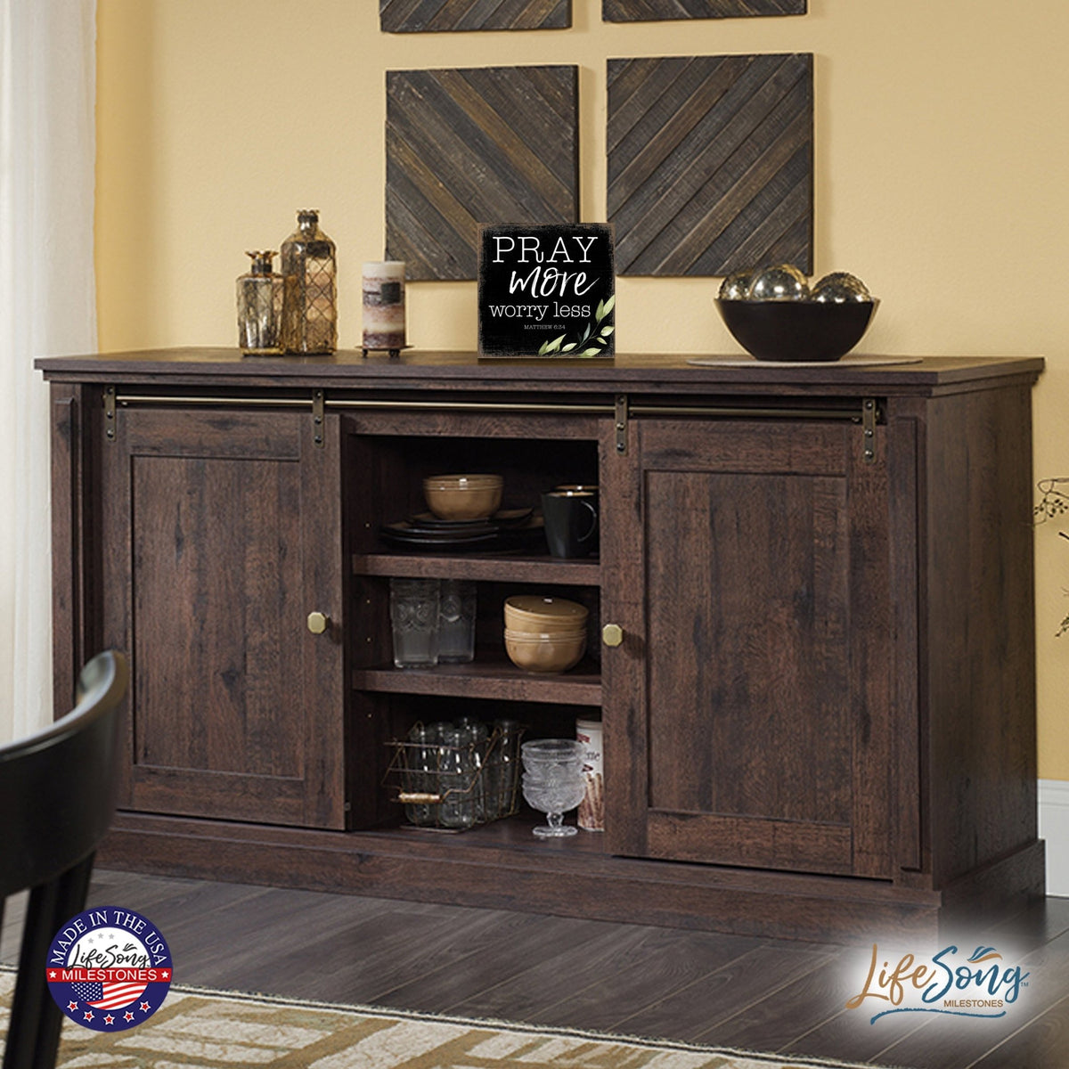 Modern 6x6in Wooden Sign (Pray More ) Inspirational Plaque and Tabletop Family Home Decoration - LifeSong Milestones