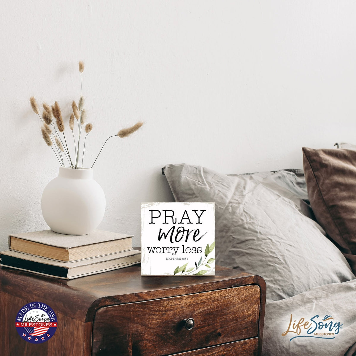 Modern 6x6in Wooden Sign (Pray More ) Inspirational Plaque and Tabletop Family Home Decoration - LifeSong Milestones