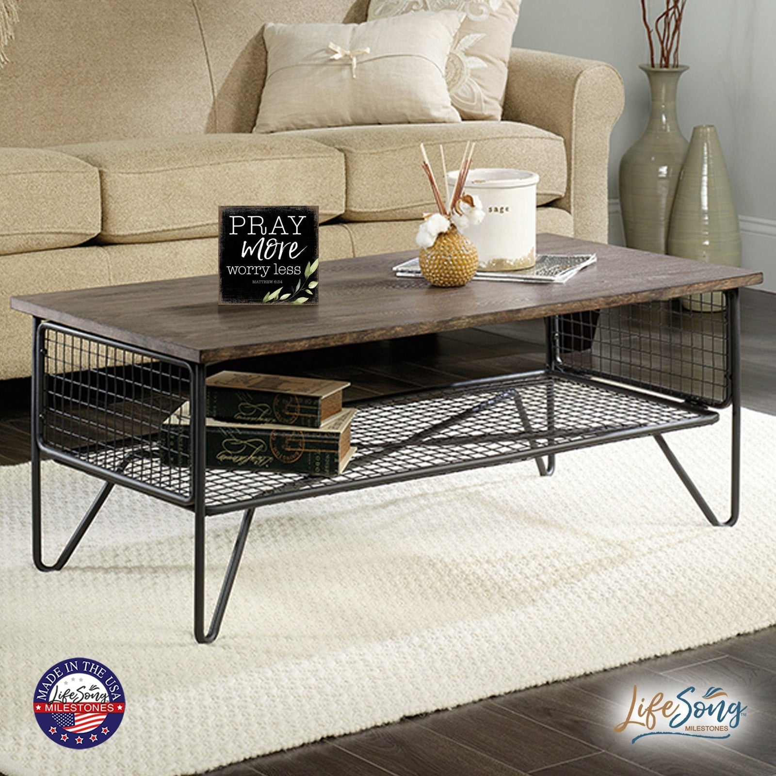 Modern 6x6in Wooden Sign (Pray More ) Inspirational Plaque and Tabletop Family Home Decoration - LifeSong Milestones