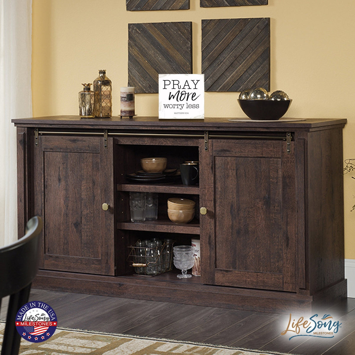 Modern 6x6in Wooden Sign (Pray More, Worry Less) Inspirational Plaque and Tabletop Family Home Decoration - LifeSong Milestones