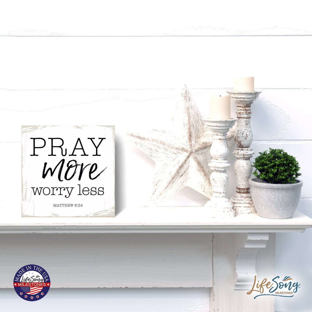 Modern 6x6in Wooden Sign (Pray More, Worry Less) Inspirational Plaque and Tabletop Family Home Decoration - LifeSong Milestones