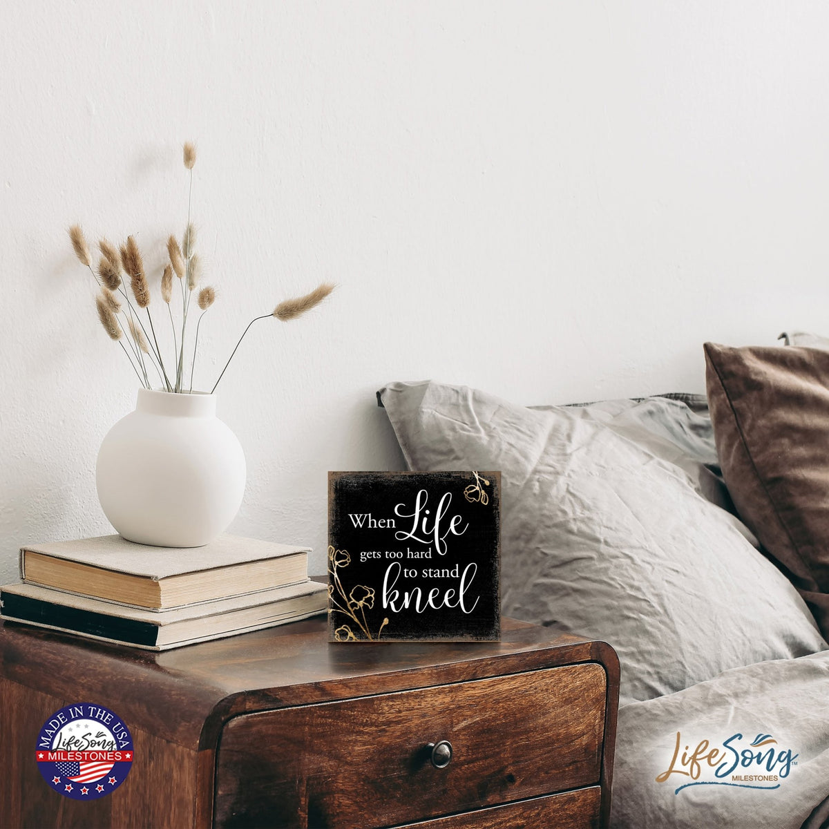 Modern 6x6in Wooden Sign (Pray More, Worry Less) Inspirational Plaque and Tabletop Family Home Decoration - LifeSong Milestones