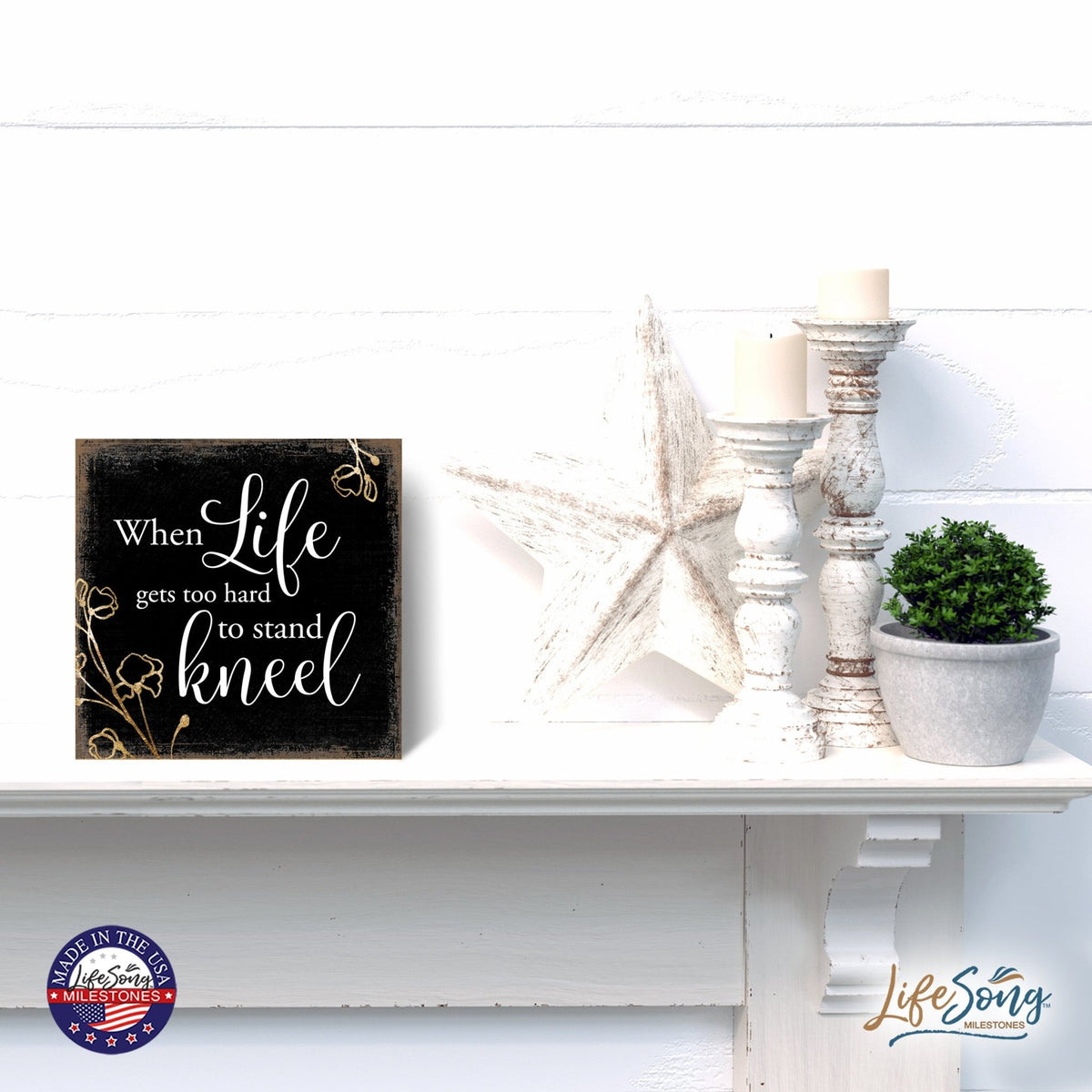 Modern 6x6in Wooden Sign (Pray More, Worry Less) Inspirational Plaque and Tabletop Family Home Decoration - LifeSong Milestones